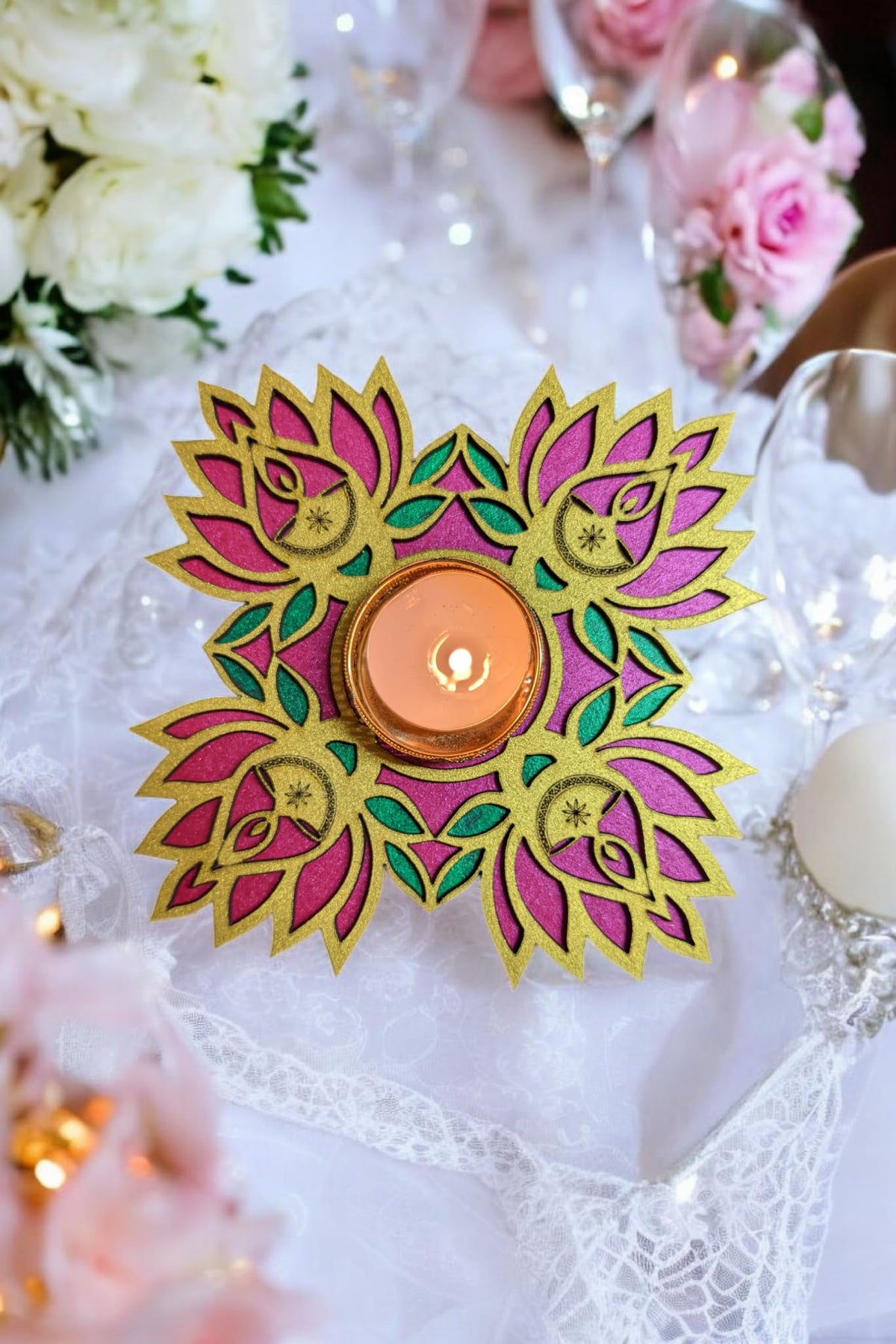 Hand-Painted Wooden Lotus Tealight Holder – Pink, Green & Gold