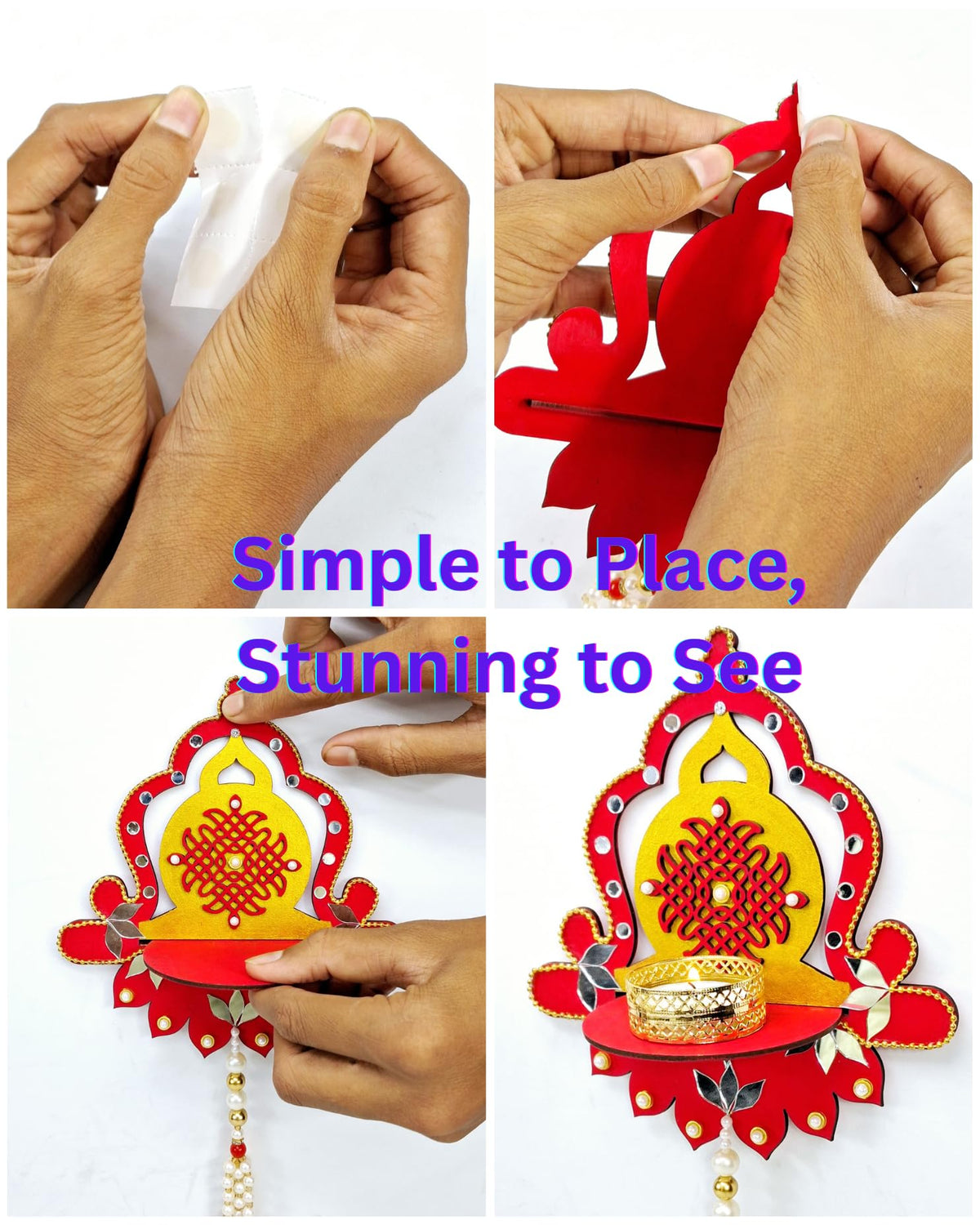 Hand-Painted Diya Jharokha – Red & Yellow, Mirror Work & Pearl Hanging