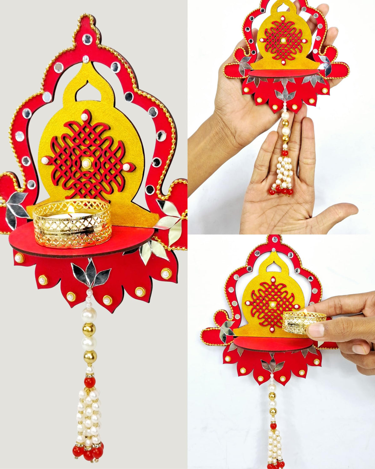 Hand-Painted Diya Jharokha – Red & Yellow, Mirror Work & Pearl Hanging