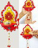 Hand-Painted Diya Jharokha – Red & Yellow, Mirror Work & Pearl Hanging