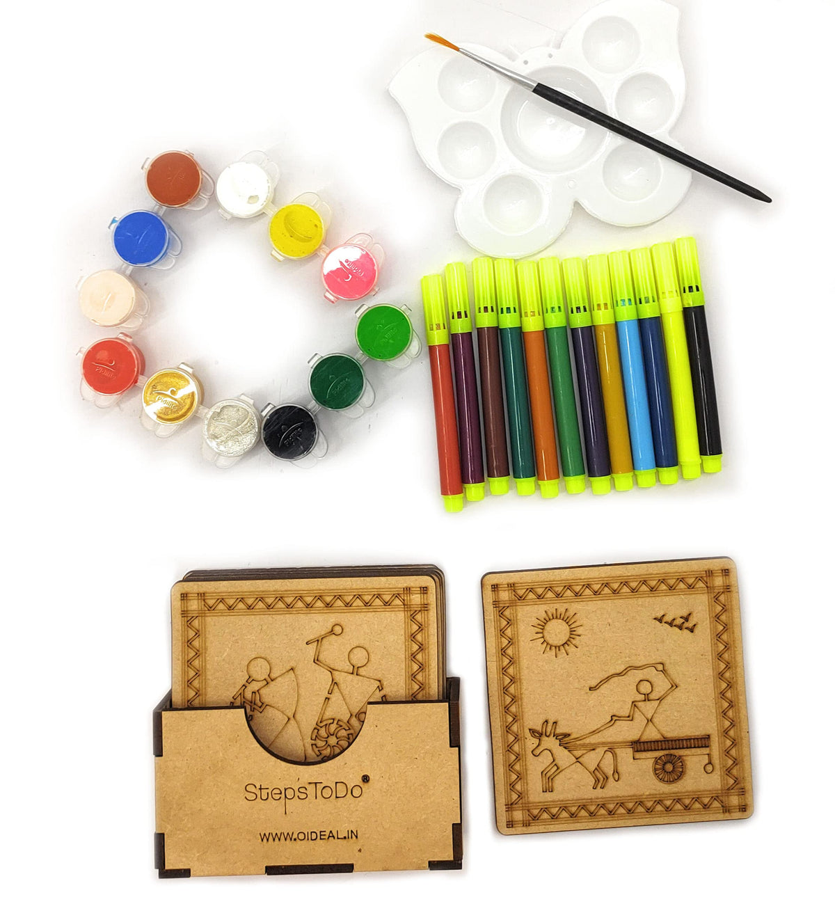 Warli Coaster Painting Kit B – 6 × 4-Inch Bases, Case, Pens & Paints