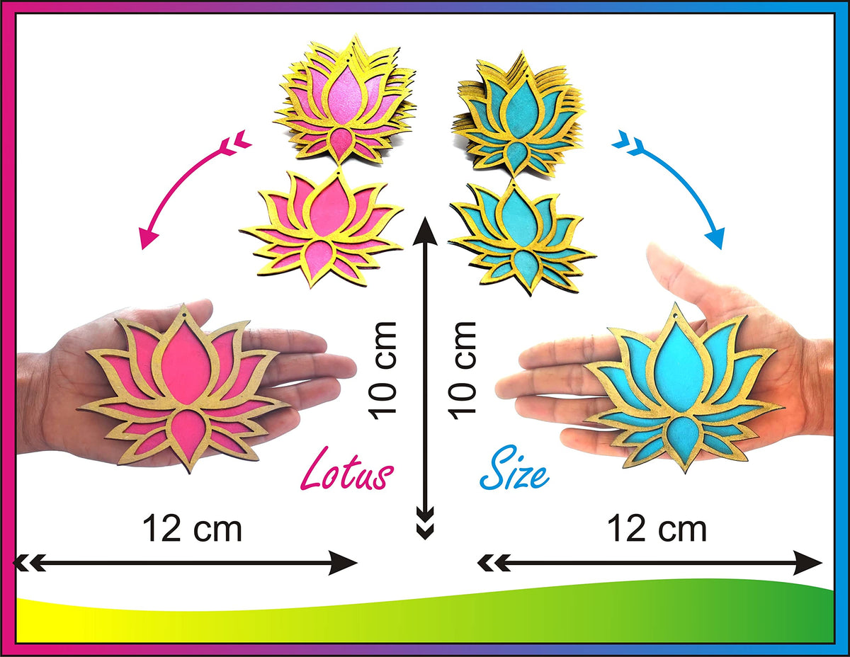 Golden-Framed Wooden Lotus Cutouts – 12 Pieces, 6 Rose Pink & 6 Ocean Blue