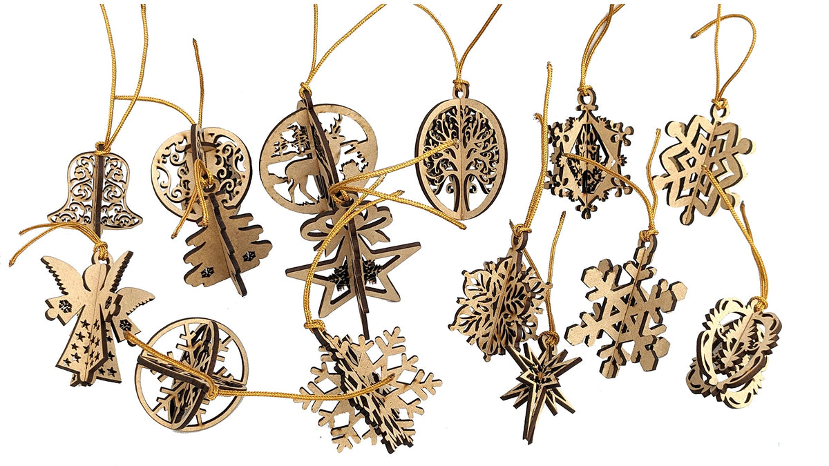 3D Wooden Christmas Ornaments – Set of 16