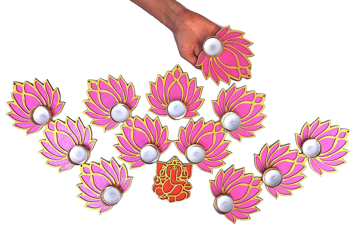 Golden & Pink Wooden Lotus Cutouts with Diya Holders – Set of 12