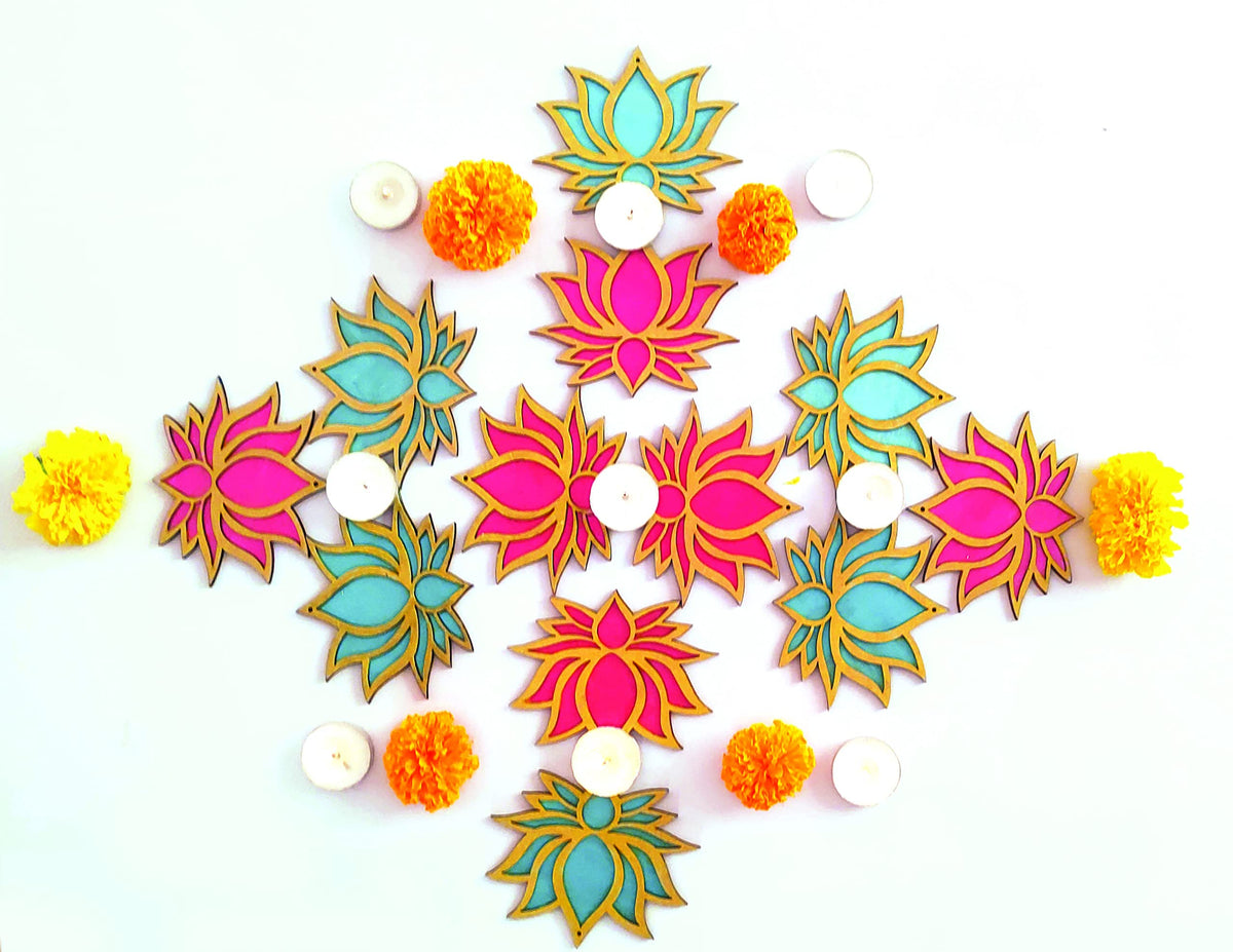 Golden-Framed Wooden Lotus Cutouts – 12 Pieces, 6 Rose Pink & 6 Ocean Blue