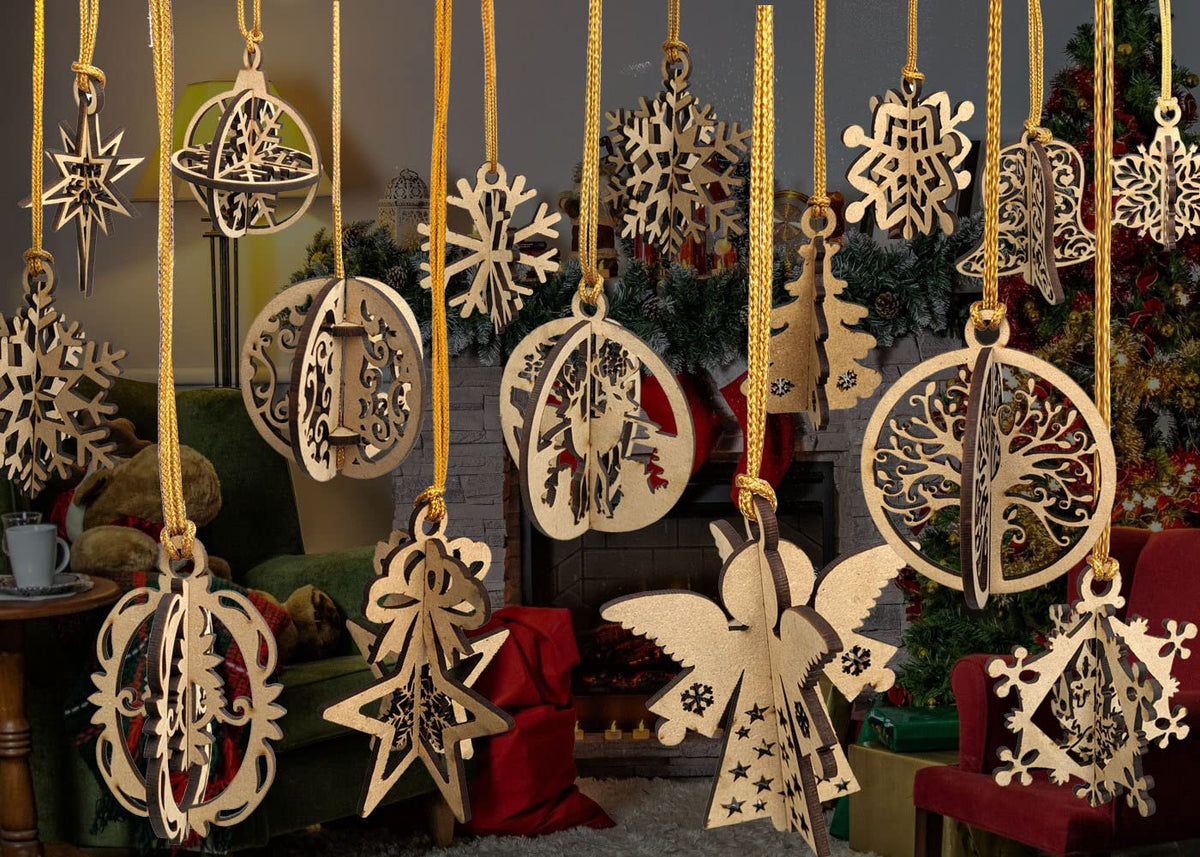 3D Wooden Christmas Ornaments – Set of 16