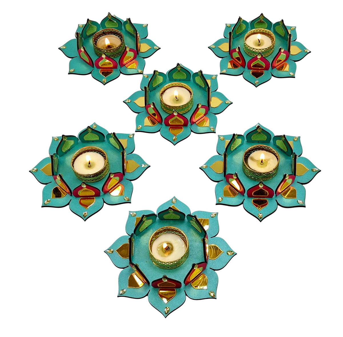 Reversible Wooden Lotus Tealight Holders – Set of 2, Pink & Ocean Blue