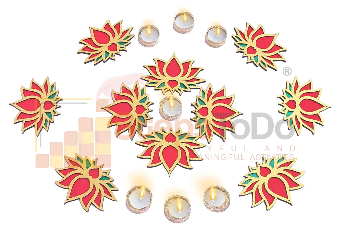 Wooden Lotus Cutouts – Set of 12, Golden, Bright Red & Green