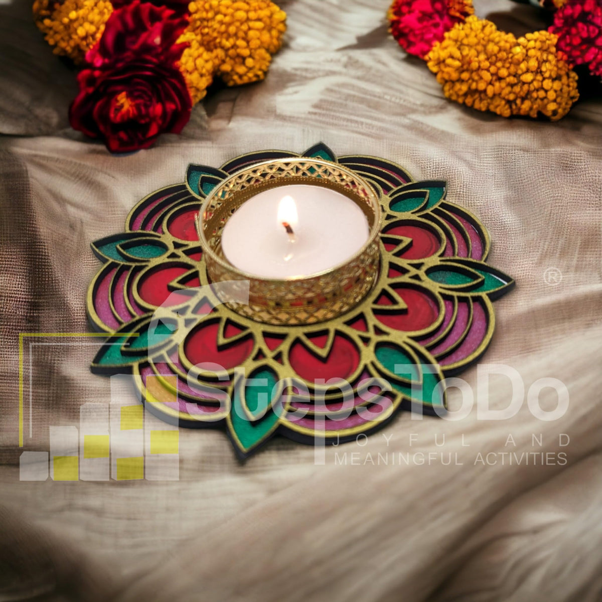 Hand-Painted Wooden Tealight Holder (Diya Stand) – Type 2, 4 Inch