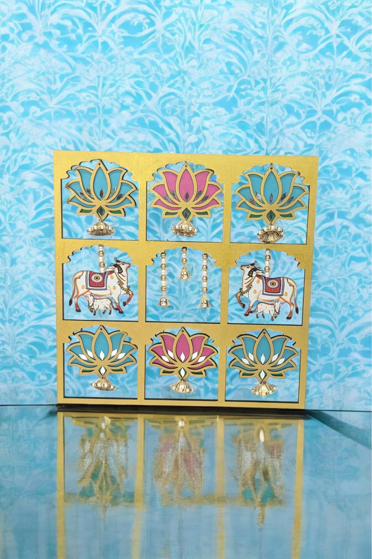Hand-Painted Pichwai Jharokha with Lotus, Cow & Calf – 18 Inch, Mirror Work