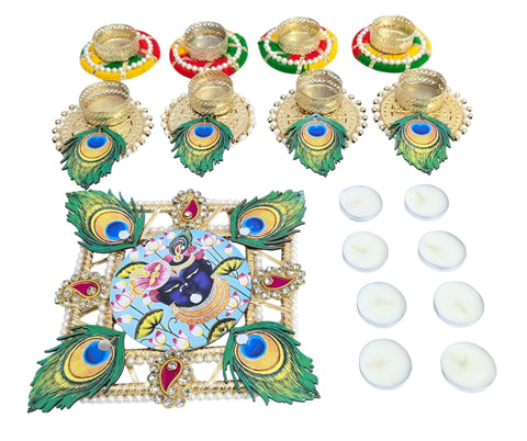 Shreenathji MDF Rangoli Set with Peacock Feather & Tealights – 9 Pieces