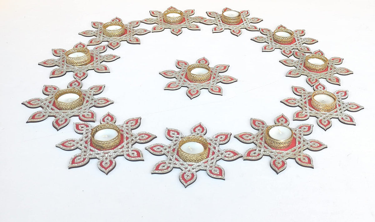 Kolam/Muggu Rangoli Border with Tealight Candle & Golden Holder – Sets of 6 to 24