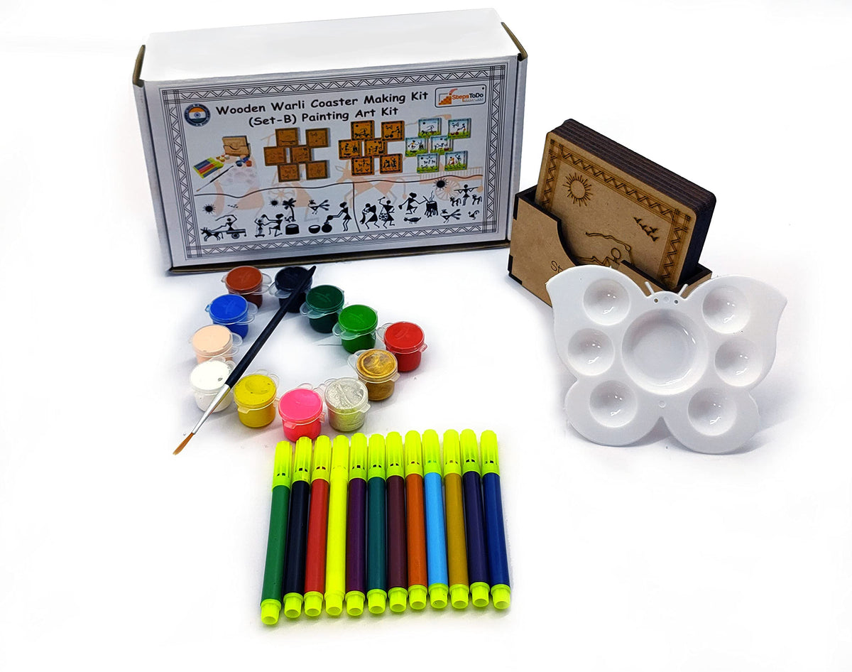 Warli Coaster Painting Kit B – 6 × 4-Inch Bases, Case, Pens & Paints
