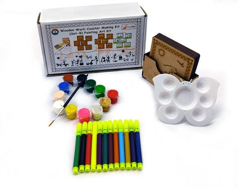 StepsToDo Wooden Warli Paint Kit B. Tea Coaster Set. Warli Art. Set of 6 of Wooden Base of 4 inch. with Wooden Case, Sketch Pens, Colours, Painting Brush and Dish
