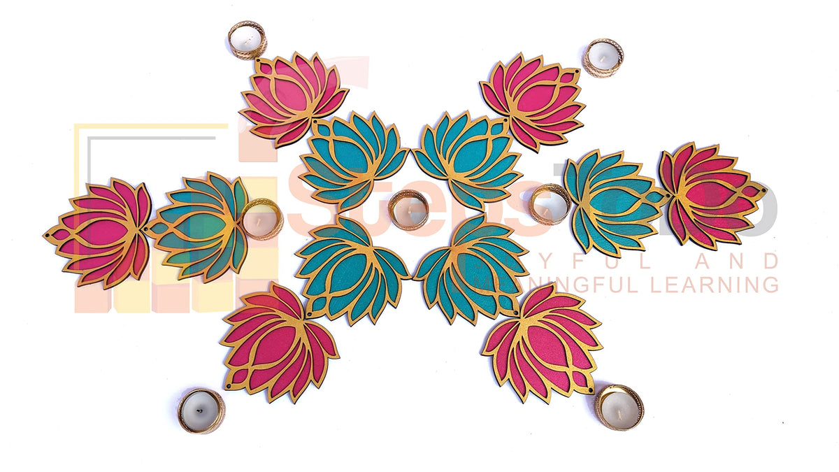 Golden-Framed Wooden Lotus Cutouts – 12 Pieces, 6 Pink & 6 Blue