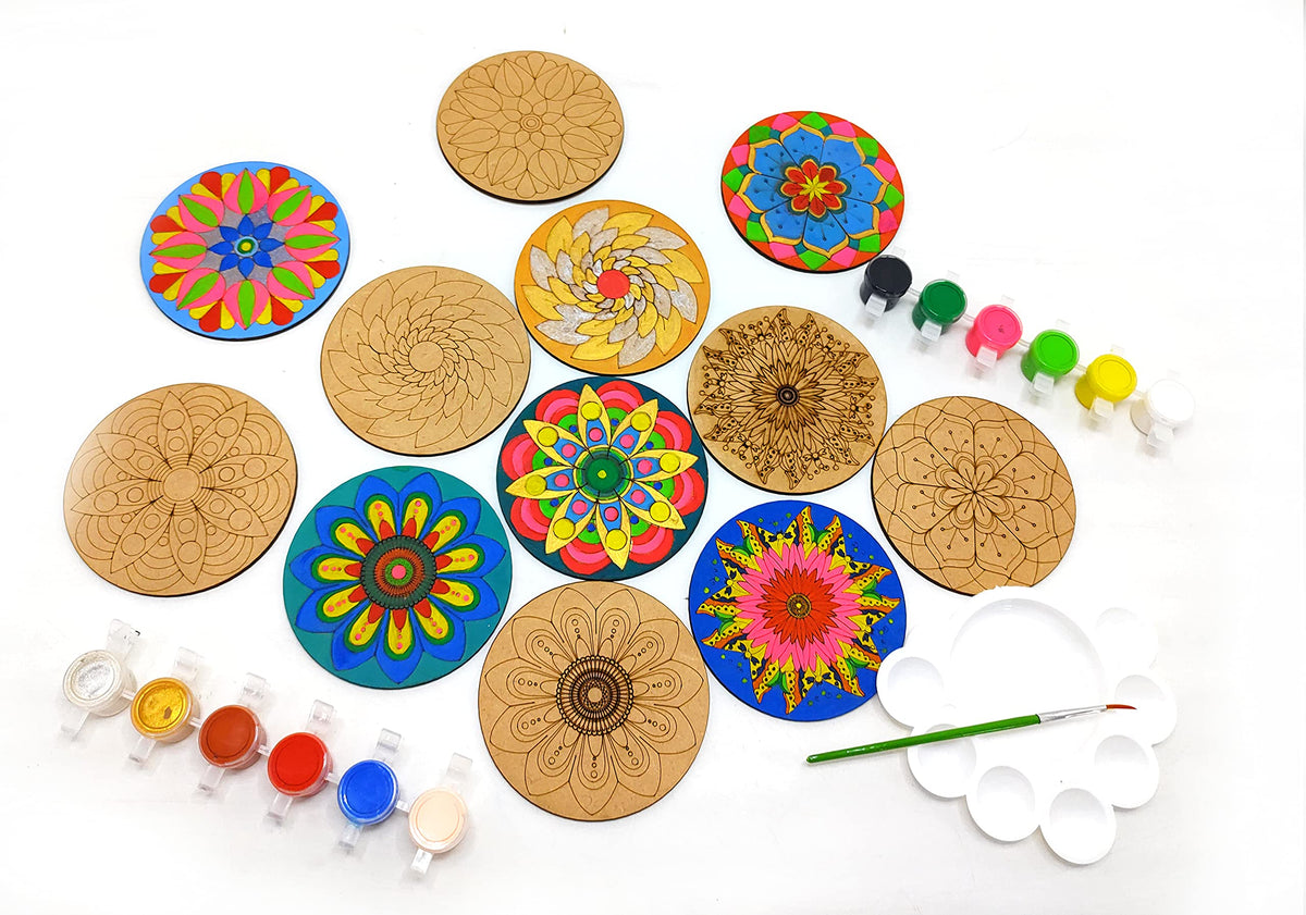 Mandala Coaster Painting Kit A – 6 × 4-Inch Bases, Case, Paints & Stand