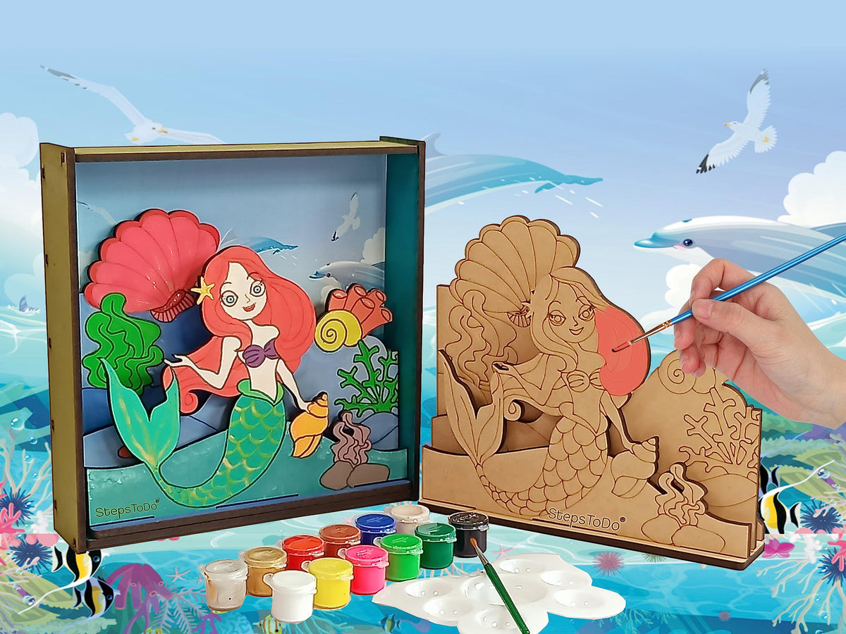 DIY Wooden Sea Life & Mermaid 3D Frame Painting Kit – 8-Inch Square