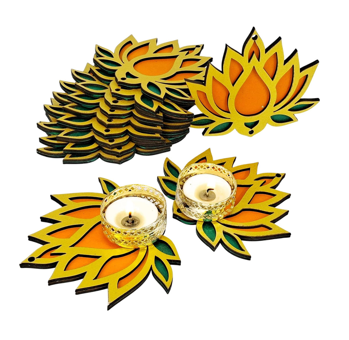 Wooden Lotus Cutouts – Set of 12, Golden with Choice of Colour