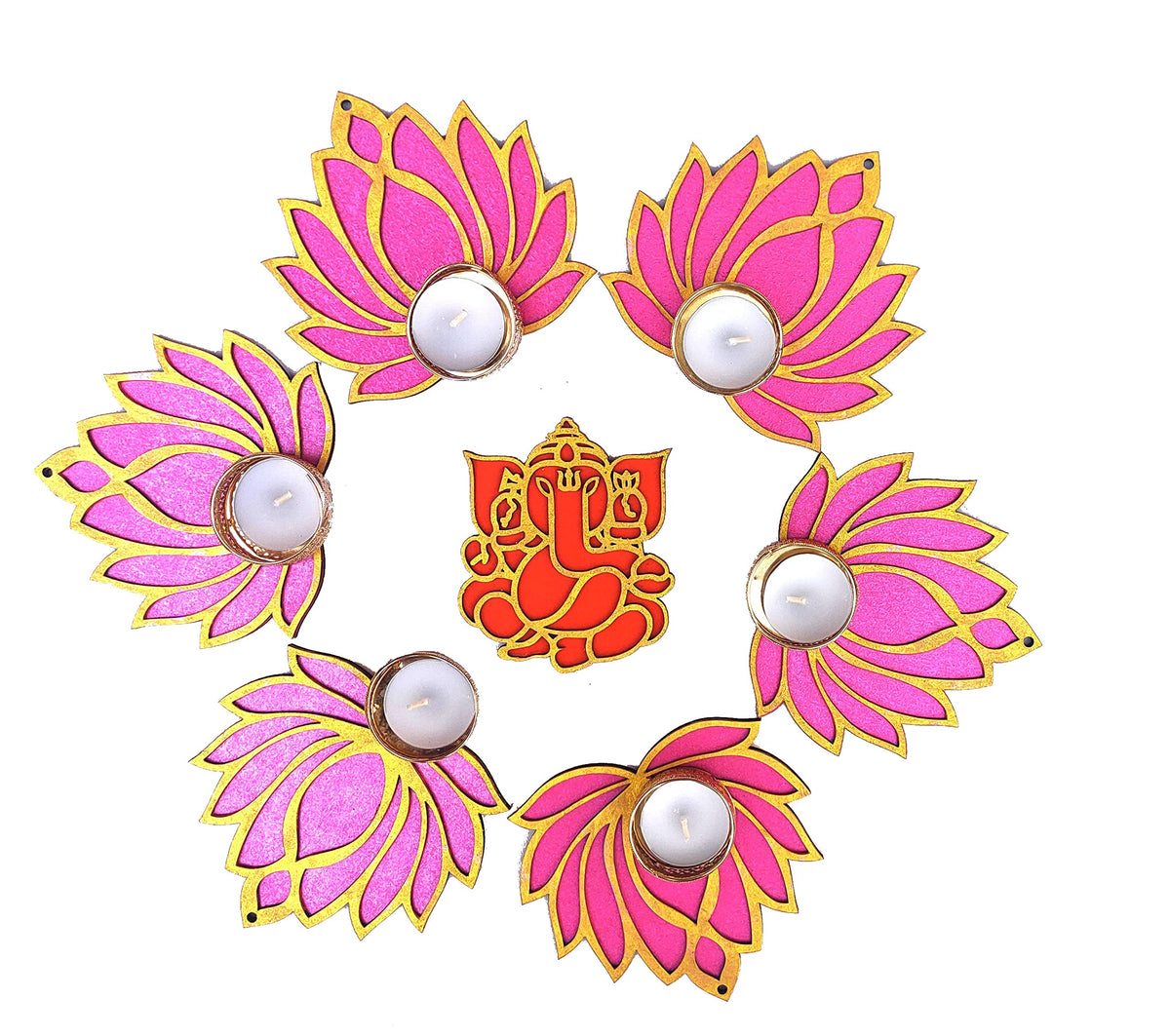 Golden & Pink Wooden Lotus Cutouts with Diya Holders – Set of 12