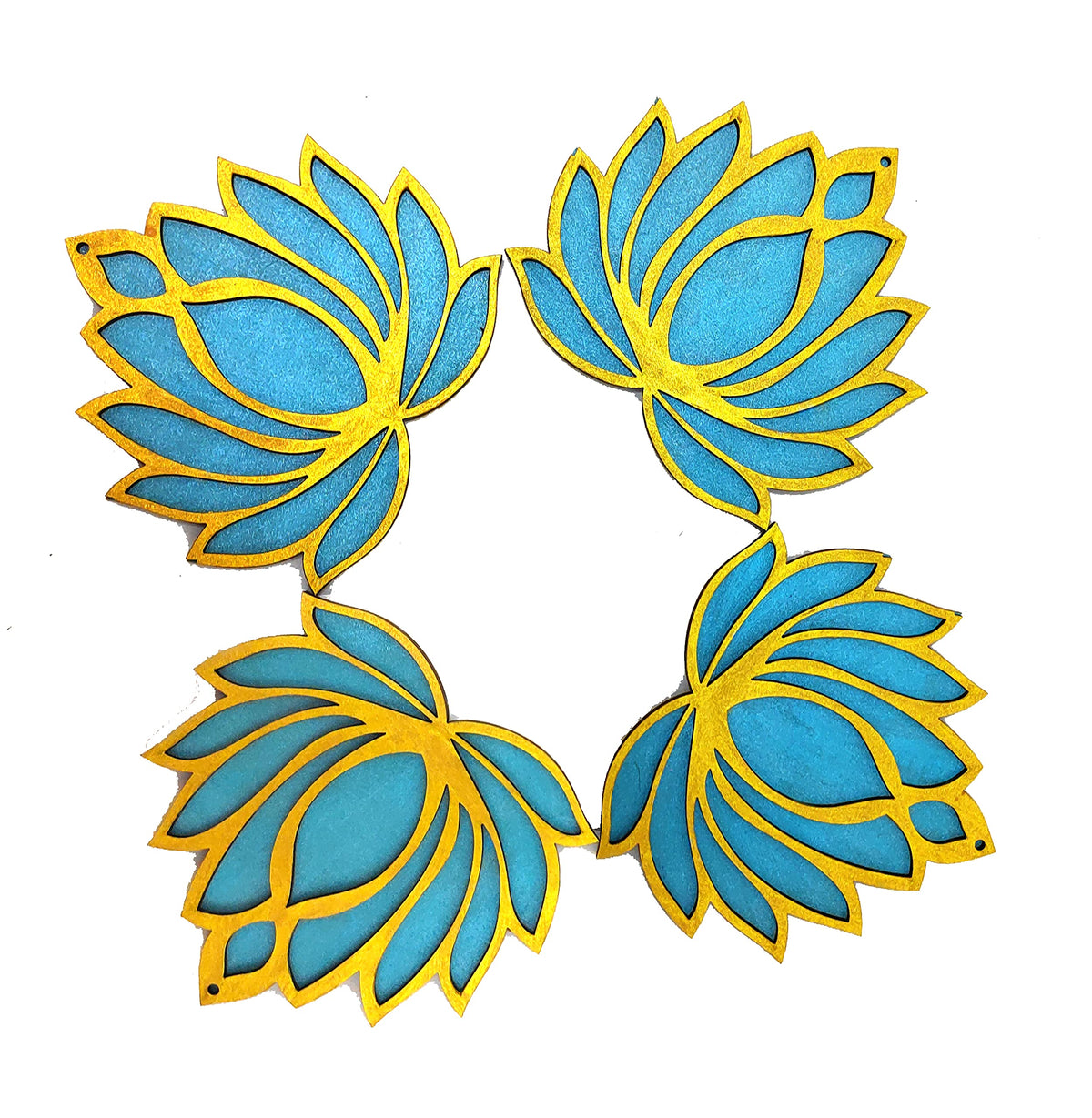 Wooden Lotus Cutouts – Set of 6, Golden & Ocean Blue