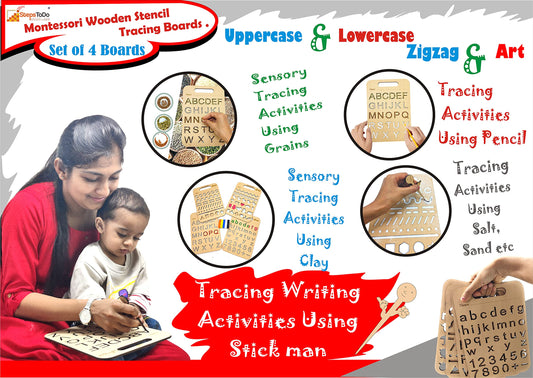 Wooden Tracing Boards – Set of 4, Letters, Numbers, Shapes & Patterns