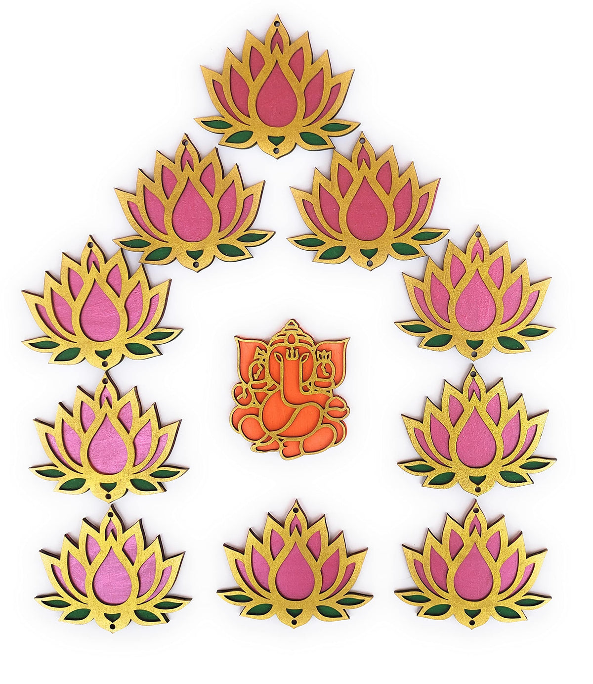 Wooden Lotus Cutouts – Set of 12, Golden, Rose Pink & Green