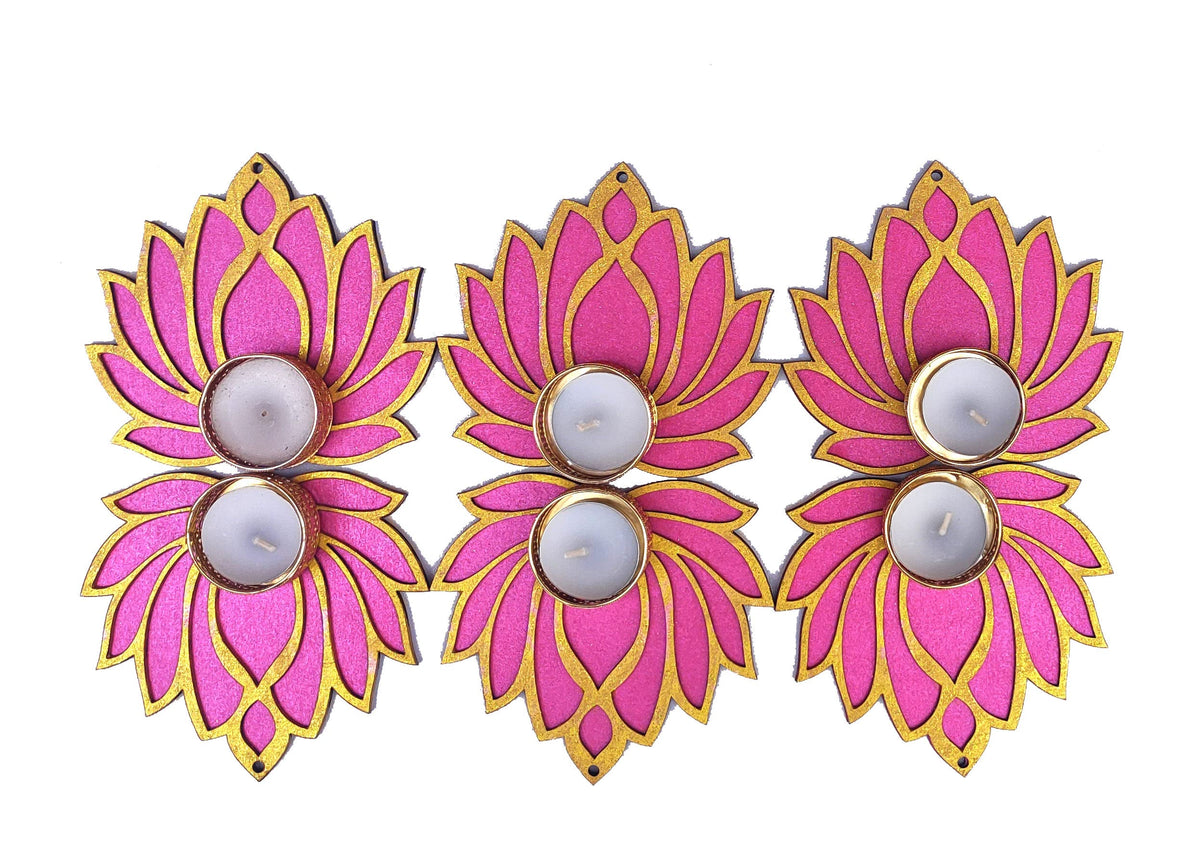 Golden & Pink Wooden Lotus Cutouts with Diya Holders – Set of 12