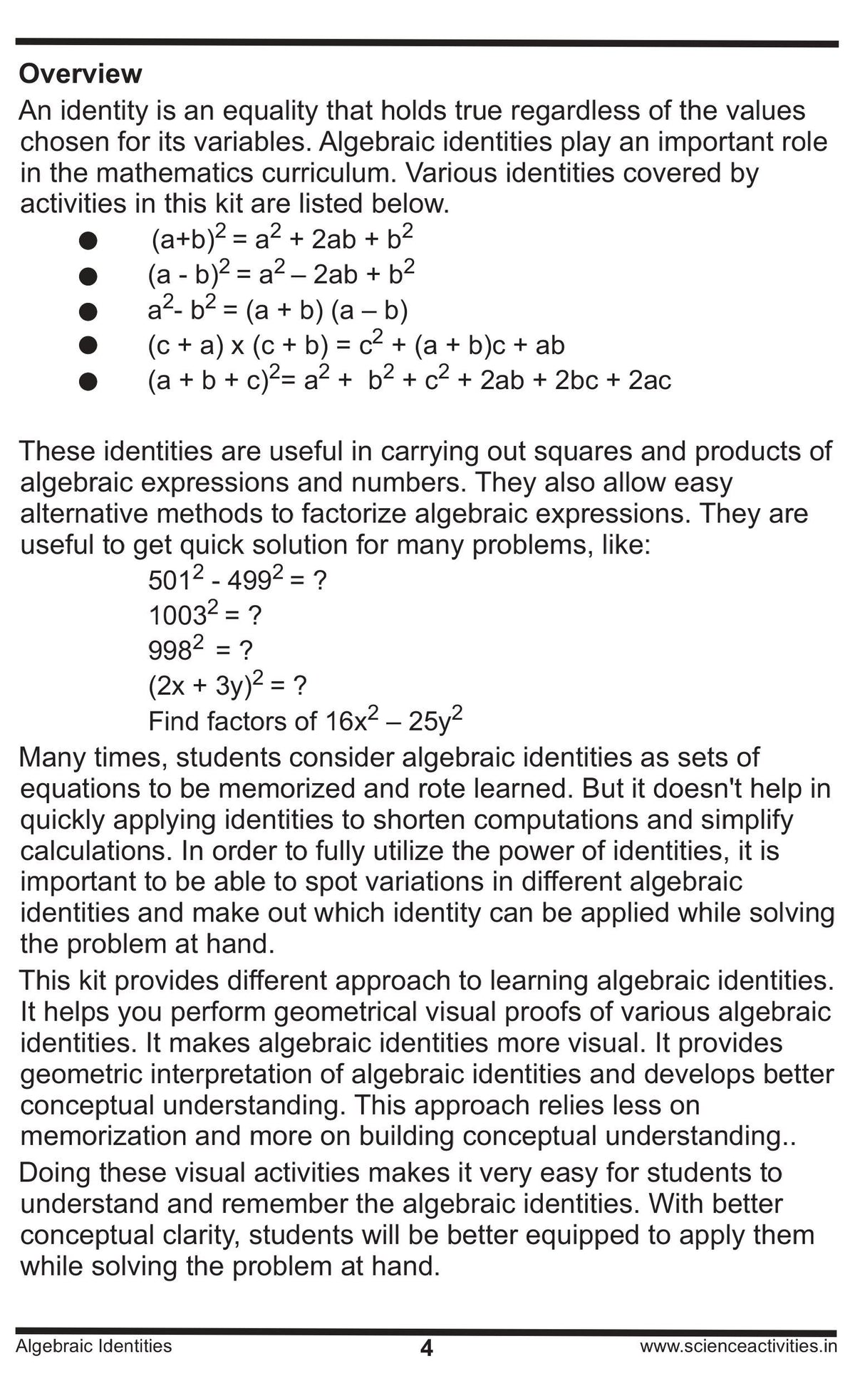 Algebraic Identities & Geometrical Proof Puzzle Kit