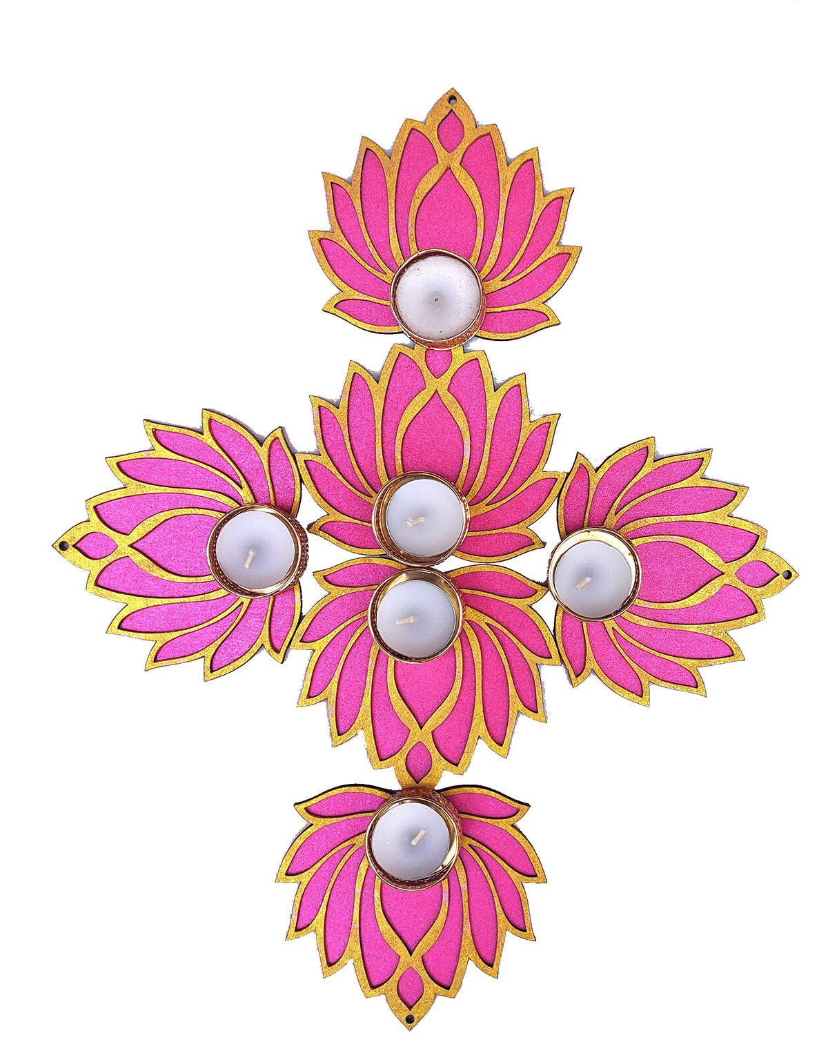 Golden & Pink Wooden Lotus Cutouts with Diya Holders – Set of 12