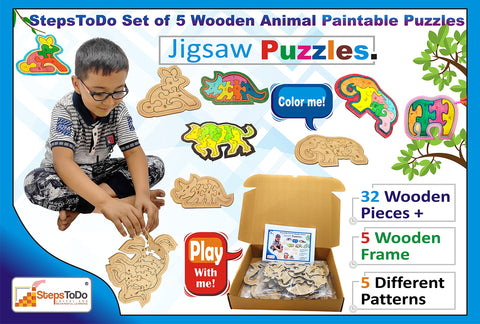 Paintable Wooden Animal Jigsaw Puzzles – 5 Sets, 32 Pieces & 5 Frames