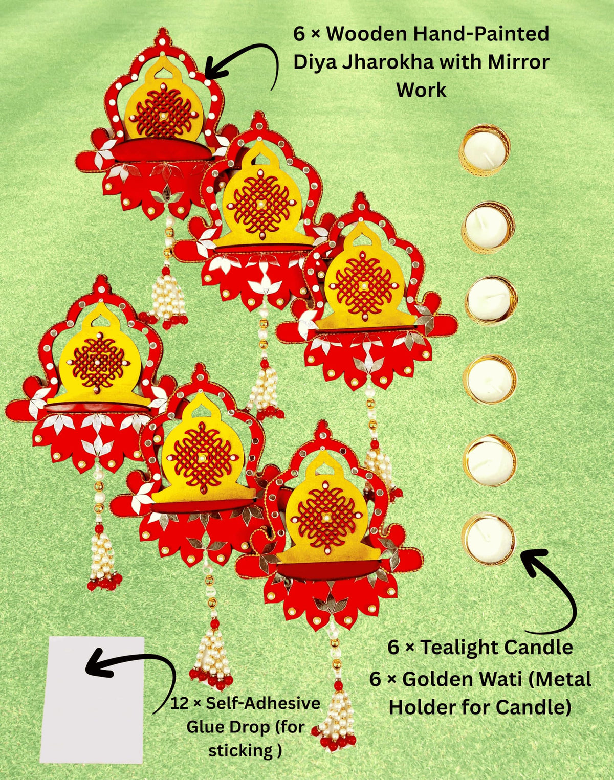 Hand-Painted Diya Jharokha – Red & Yellow, Mirror Work & Pearl Hanging