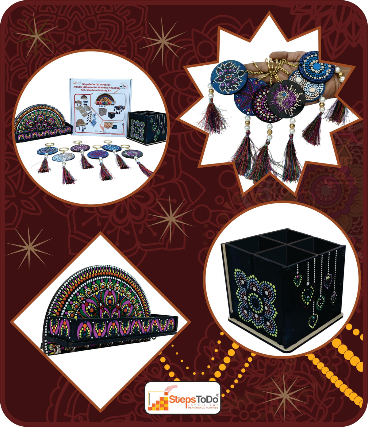 Dot Mandala Painting Kit – 8 Pieces: 6 Keychains, 10-Hook Holder & Organiser