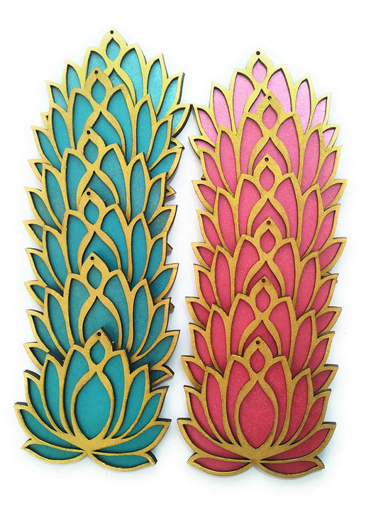 Golden-framed wooden lotus cutouts, 6 pink and 6 blue
