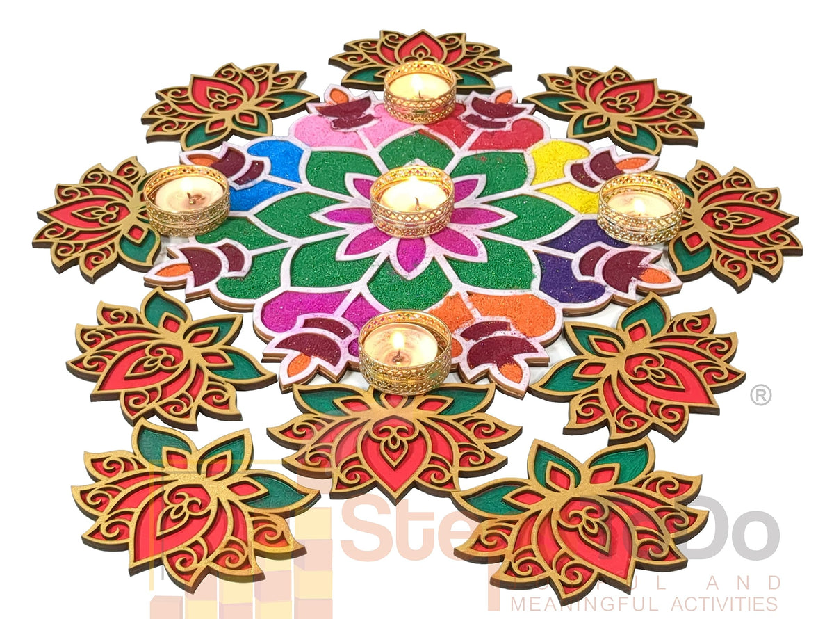 Designer Wooden Lotus Rangoli Cutouts – Golden, Red & Green