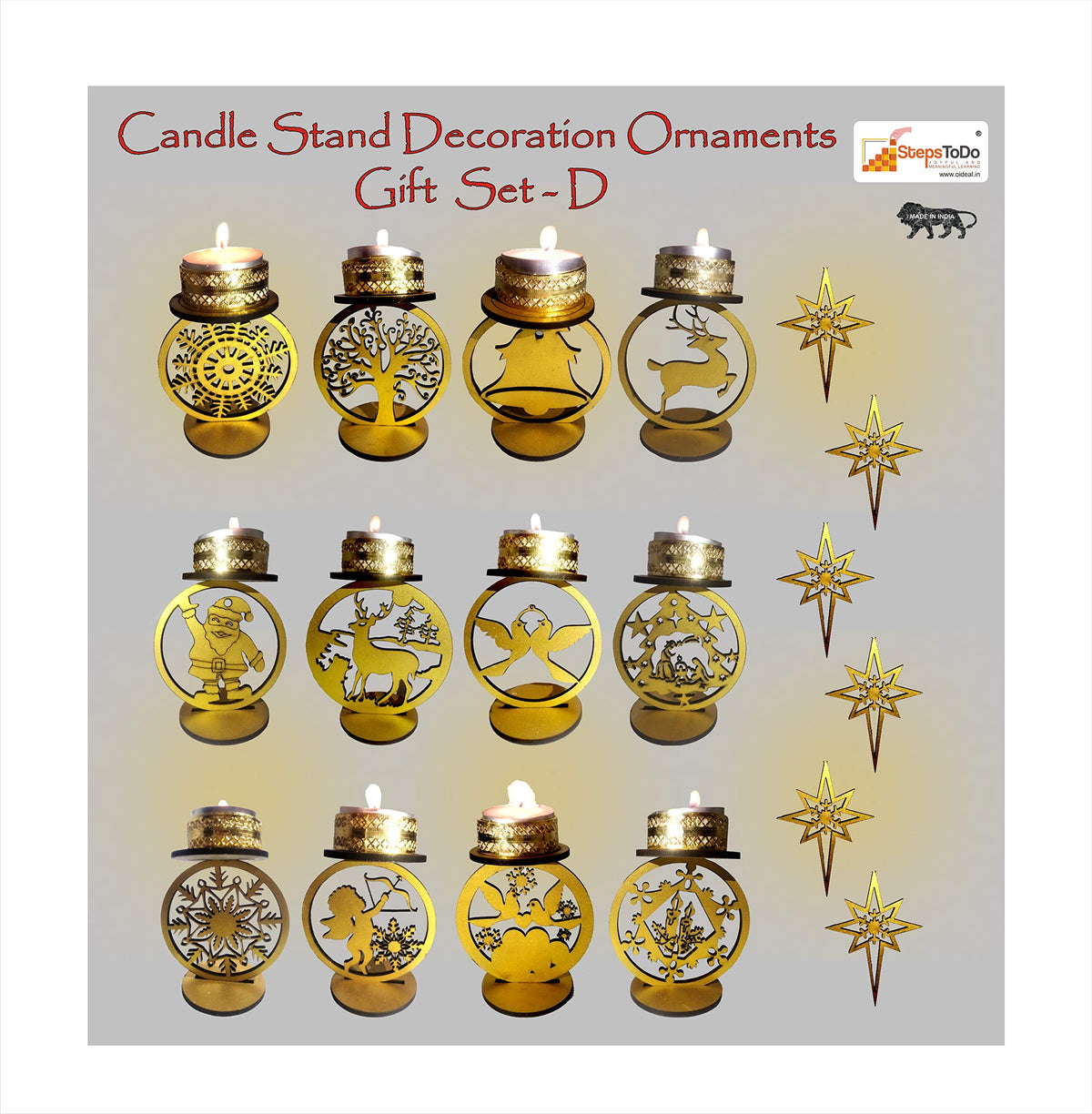 Christmas Candle Decoration Set D – 12 Candles with Stand, Gold/Silver