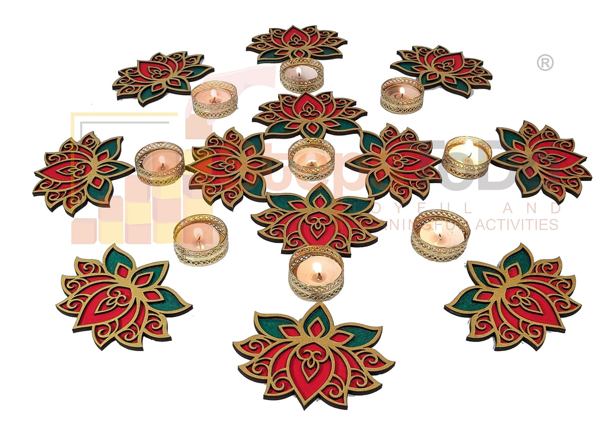 Designer Wooden Lotus Rangoli Cutouts – Golden, Red & Green