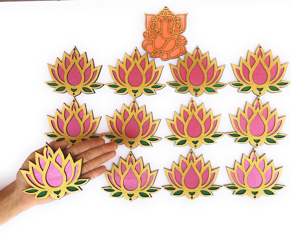 Wooden Lotus Cutouts – Set of 12, Golden, Rose Pink & Green