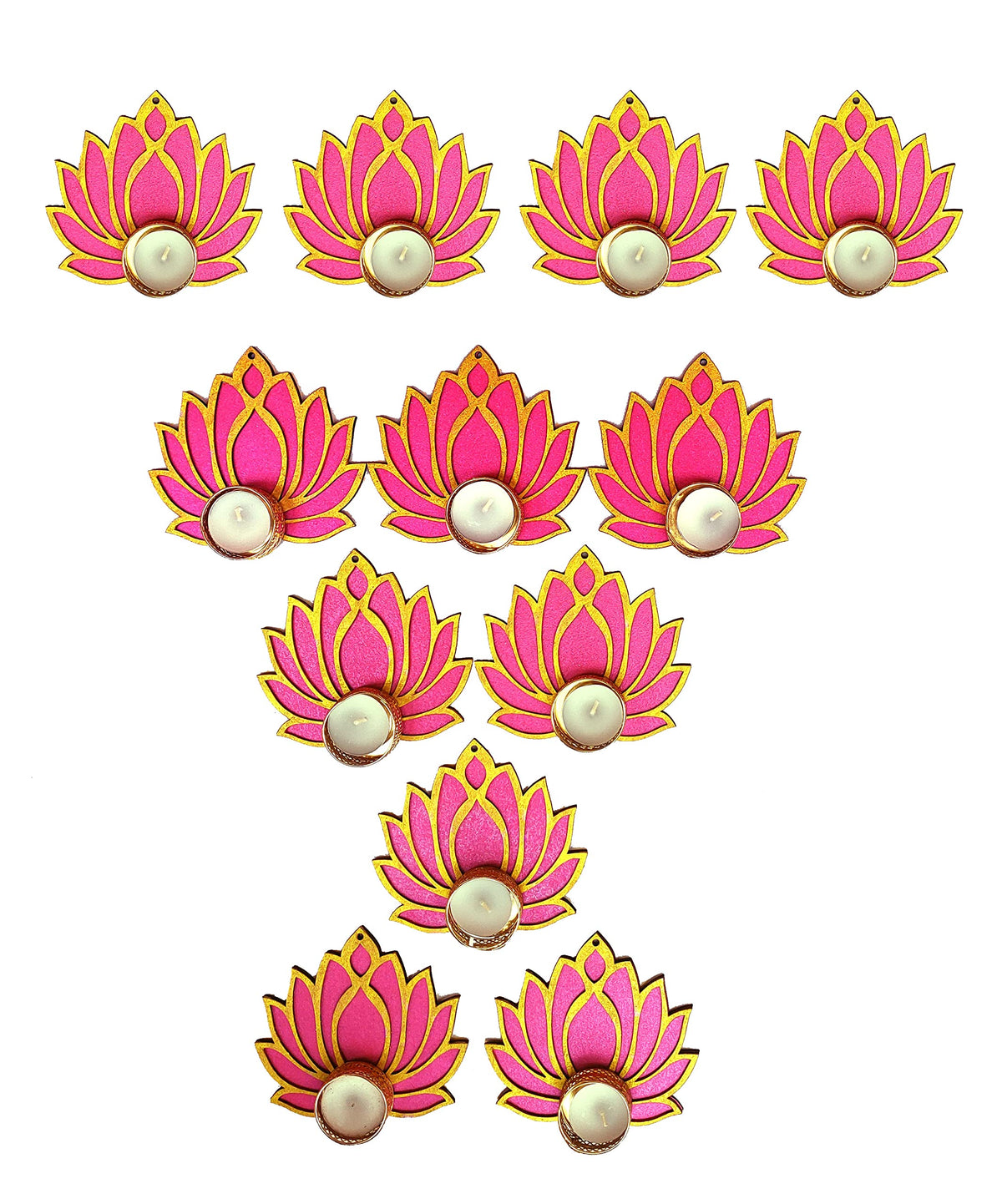 Golden & Pink Wooden Lotus Cutouts with Diya Holders – Set of 12