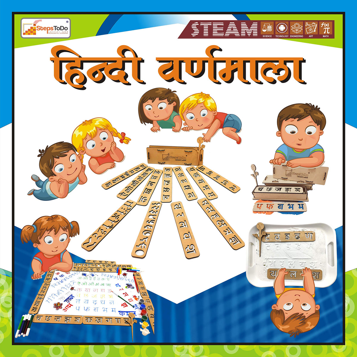 Wooden Hindi Alphabet & Number Tracing Stencil Kit