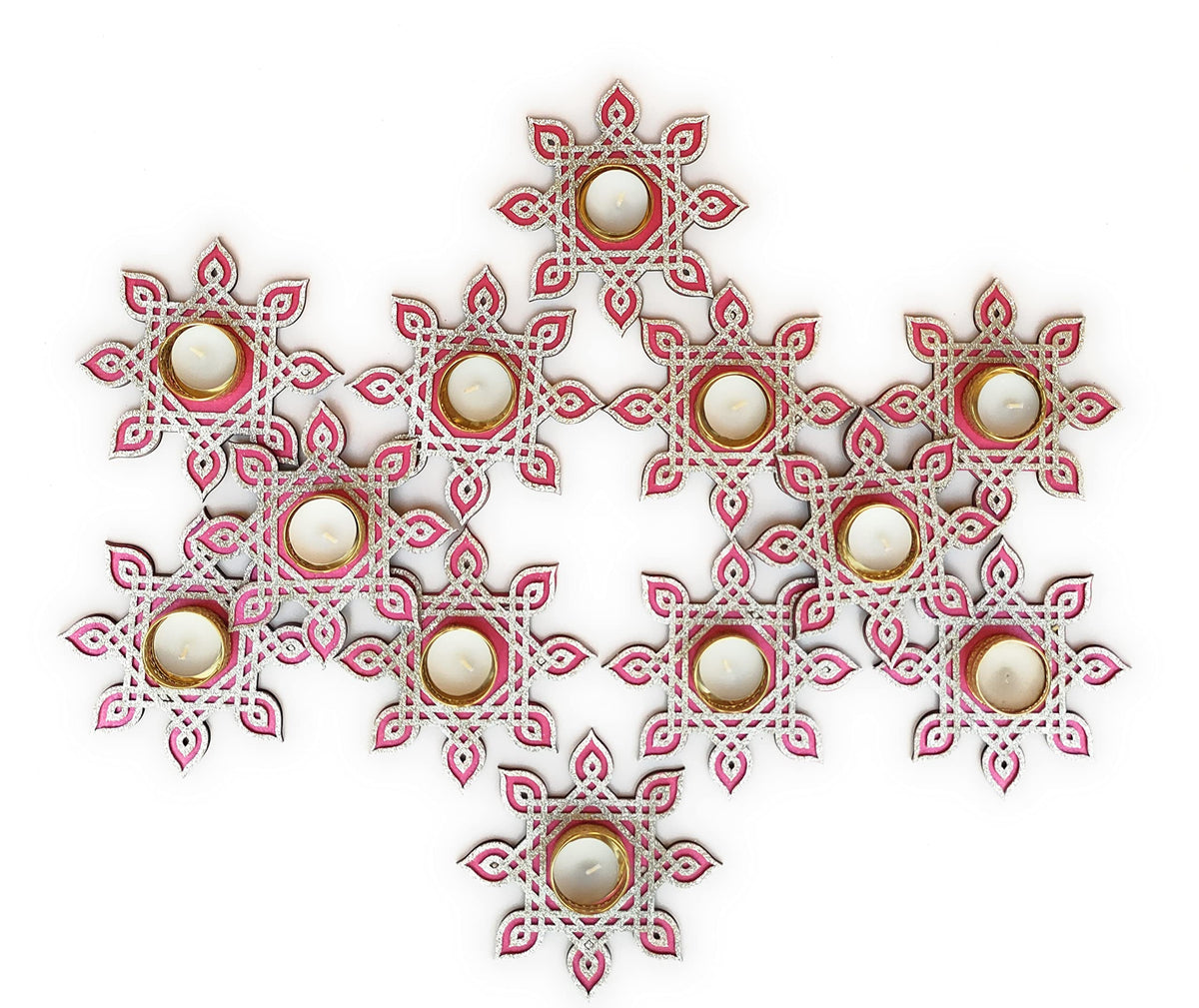 Kolam/Muggu Rangoli Border with Tealight Candle & Golden Holder – Sets of 6 to 24