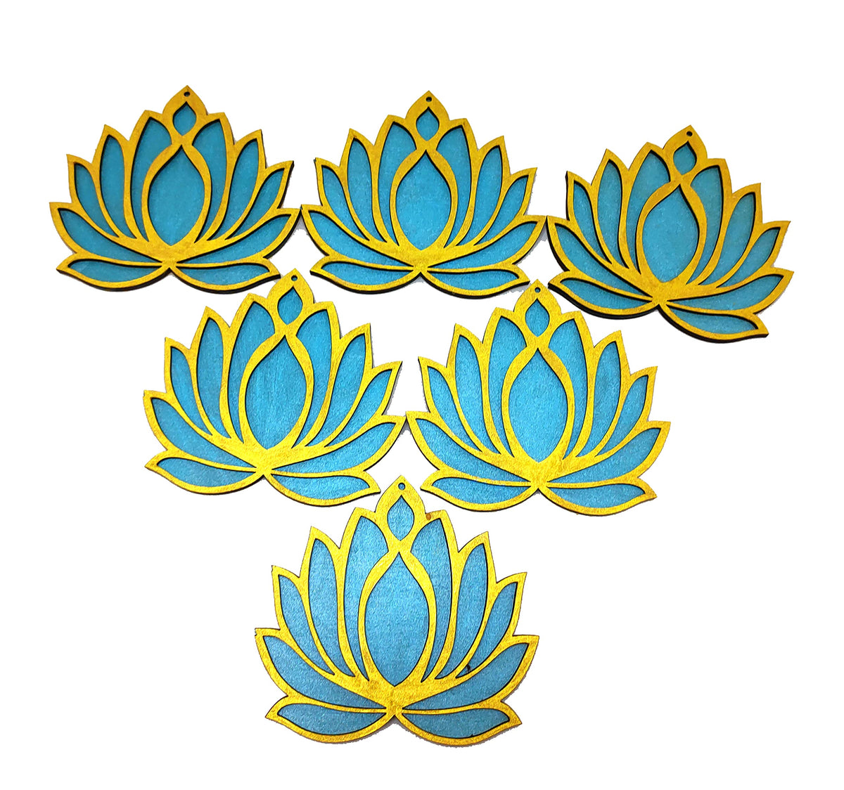 Wooden Lotus Cutouts – Set of 6, Golden & Ocean Blue