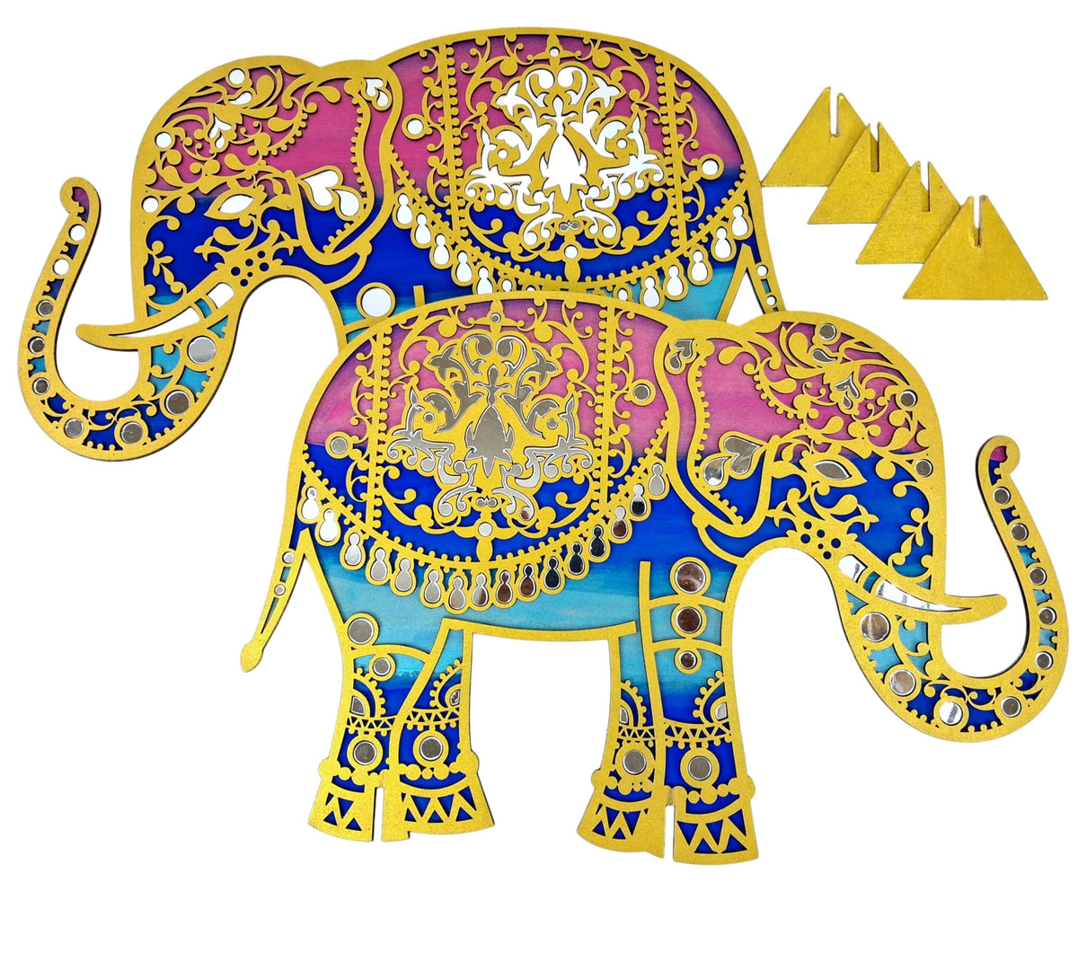 Pair of hand-painted wooden elephant stands with mirror work