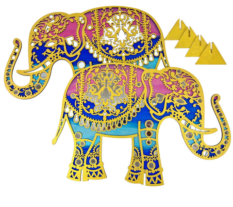 StepsToDo Hand-Painted Wooden Elephant Stand | Pair of Mirror Image Elephants with Mirror Work | Foldable & Reusable Pooja Décor | Eco-Friendly Handicraft for Festivals, Mandir & Home Decoration