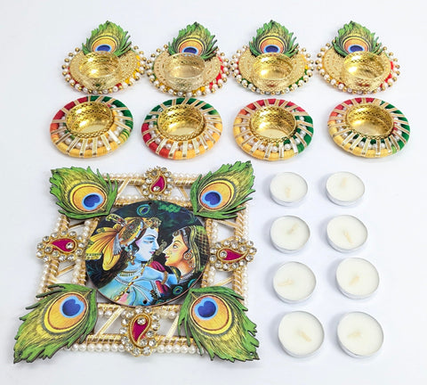 Radha Krishna MDF Rangoli Set with Peacock Feather & Tealights – 9 Pieces