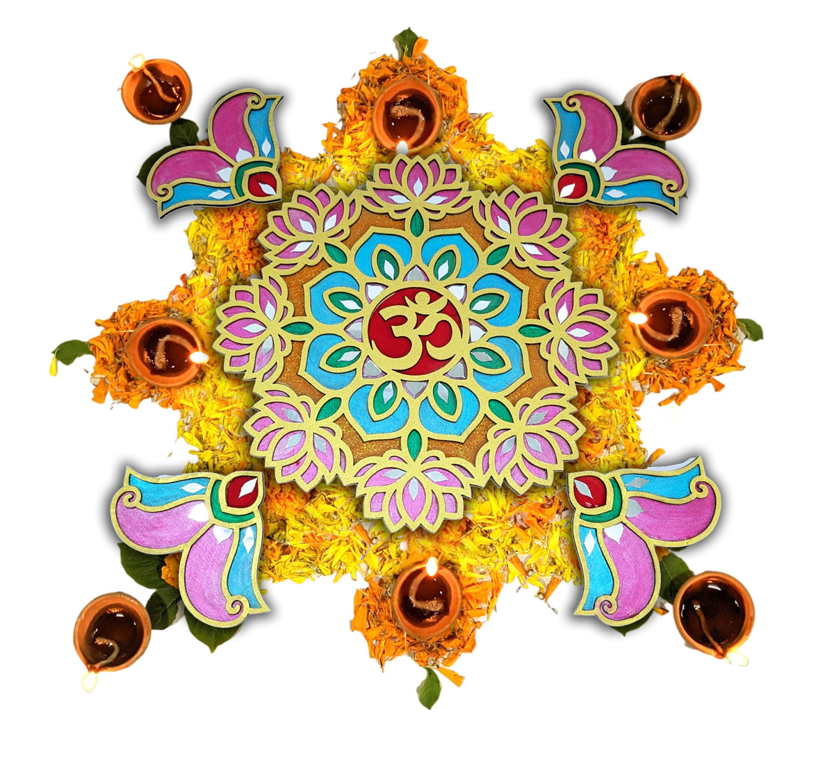 Ready-to-Use Wooden Rangoli Mat with Mirror Work – T438_D
