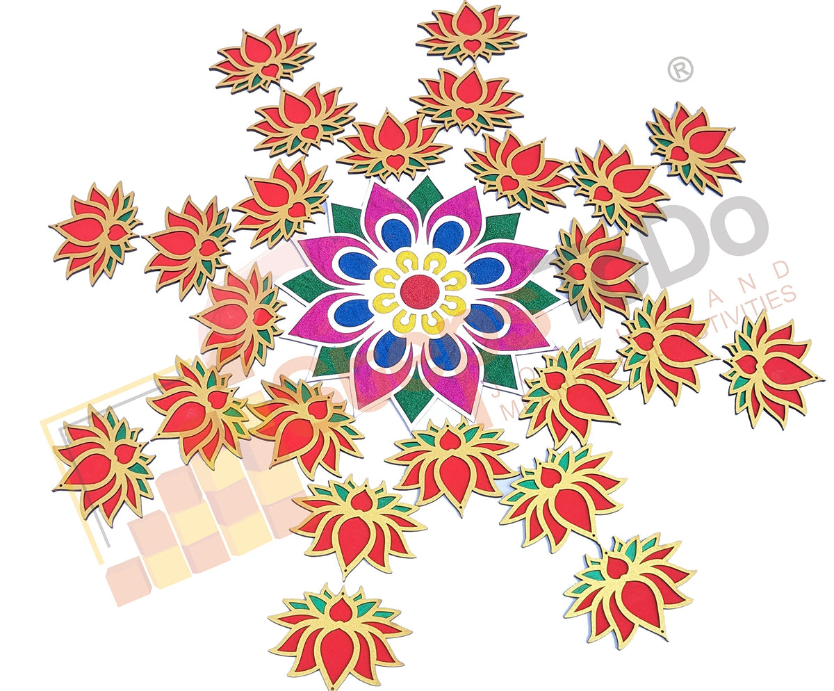 Wooden Lotus Cutouts – Set of 12, Golden, Bright Red & Green