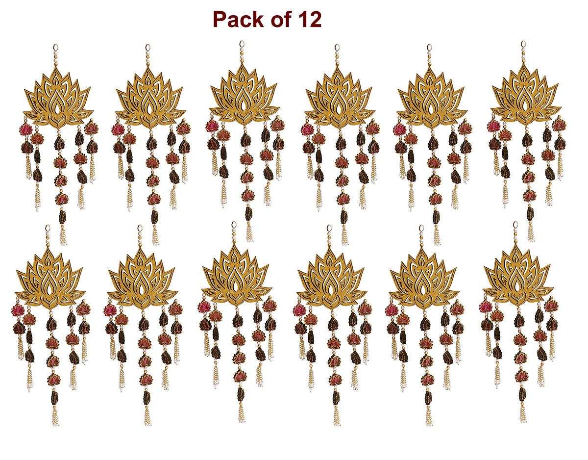 Golden lotus wooden wind chime with white pearl beads