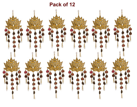StepsToDo Lotus Flower Wind Chime with White Beads and Mini Lotus. Hand Made and Hand Painted. Golden Hanging Wooden Lotus for Wall and Window Decoration.