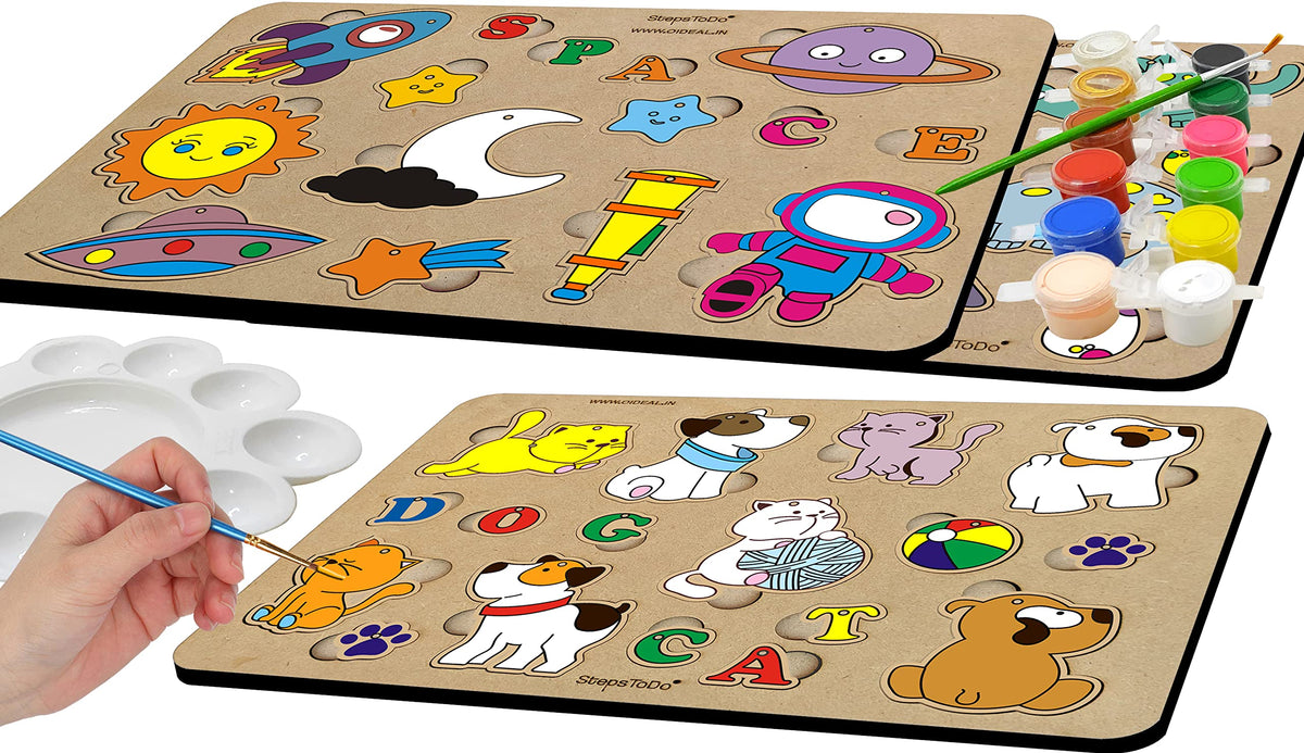 Wooden Painting & Puzzle Kit – 4 Boards: Pets, Sea Life, Dinosaurs & Space