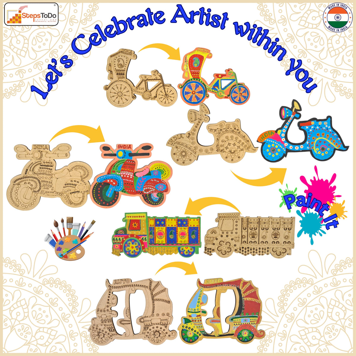 Mandala & Truck Art Fridge Magnet Kit – 5 Wooden Cutouts, Paints, Tools & Stand